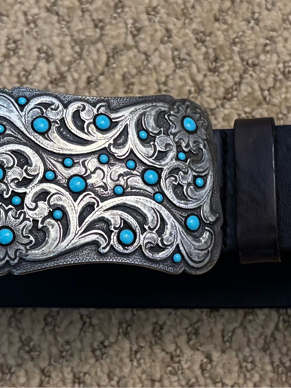 Fossil Silver-Tone Western Buckle with Turquoise Accents - Genuine Leather
